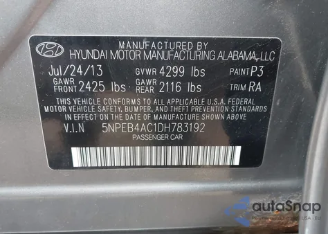 2013 Hyundai Sonata Gls from USA, damaged, VIN 5NPEB4AC1DH783192